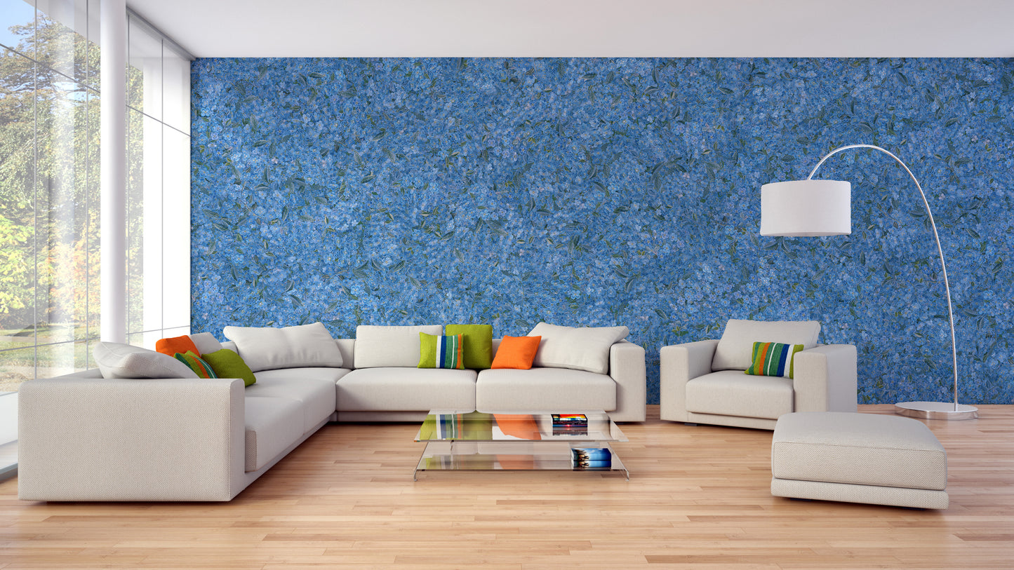 Flower Pattern Embroidery Blue wallpaper mural behind a cream sectional sofa and glass table in a bright living room