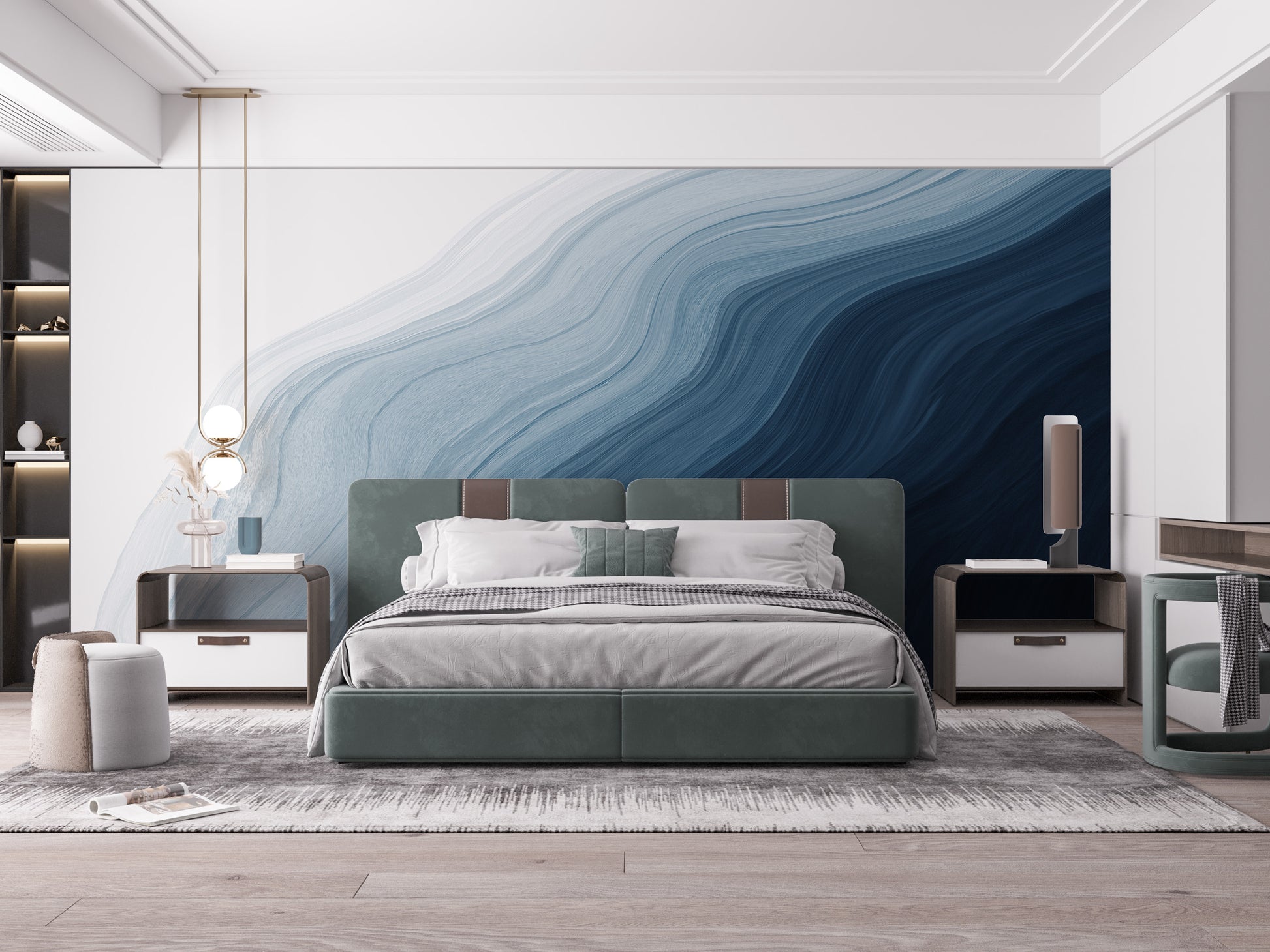 Fluid Blue Gradient Watercolor wallpaper mural above a green upholstered bed and nightstands in a bedroom