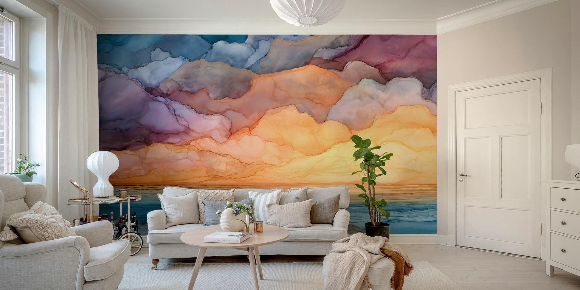 Blended tones of blue, peach, and violet
