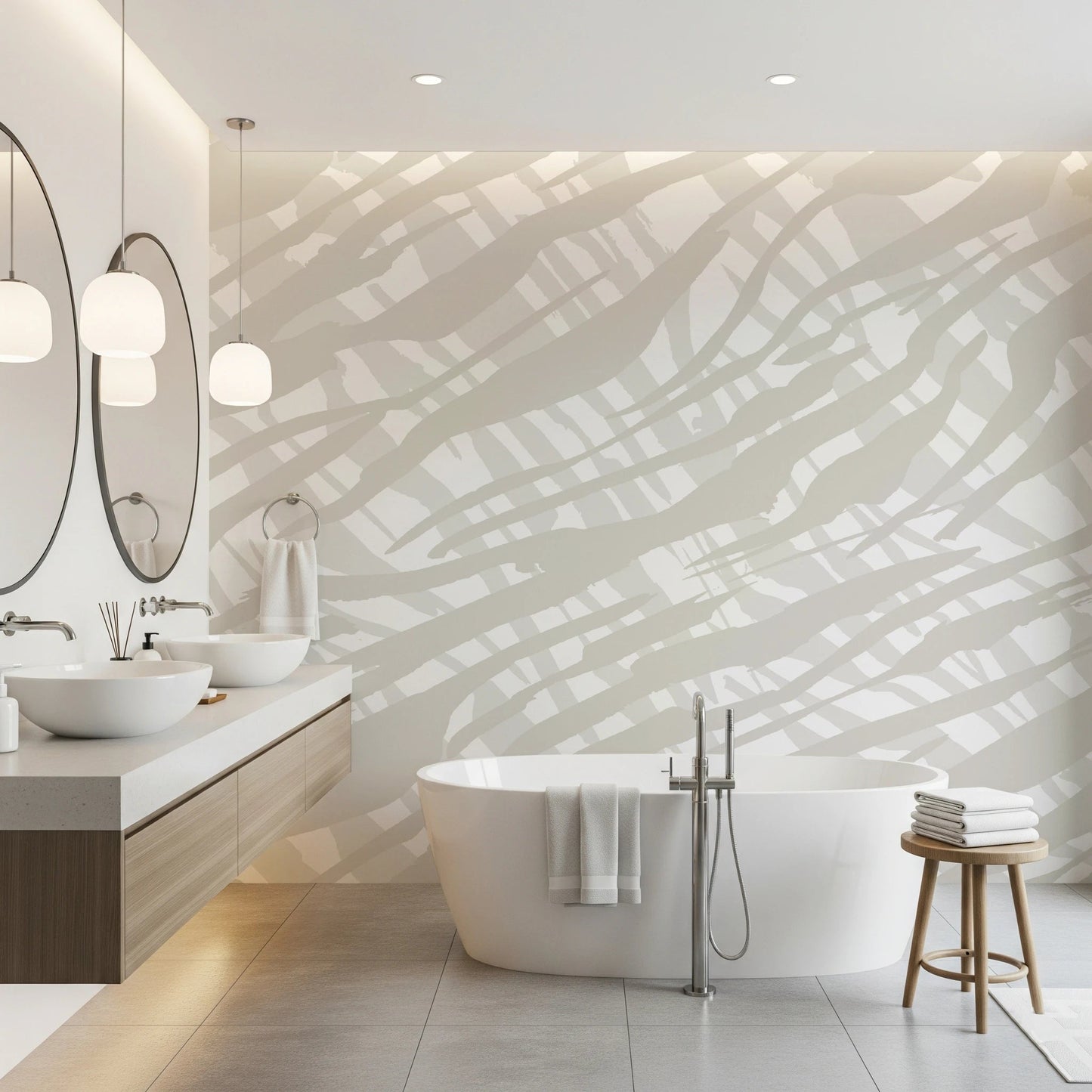 Elegant bathroom cream-colored motif on a Fluid Strokes Art Wall Mural.