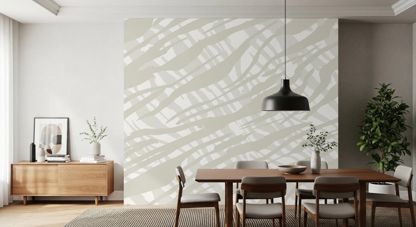 Beige Fluid Strokes Art dining room Wall Mural with soft diagonal line patterns.