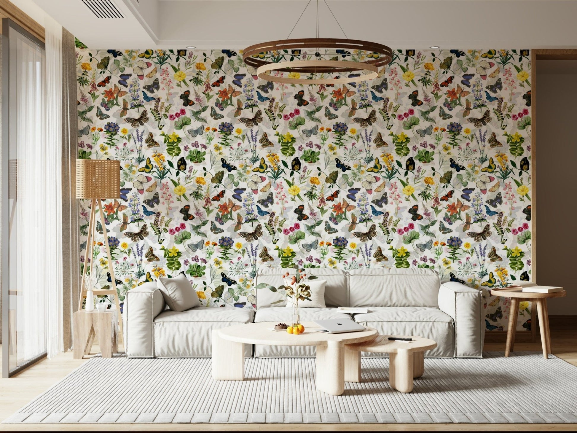 Vintage botanical Fluttering Blooms wall mural displaying detailed insect illustrations.