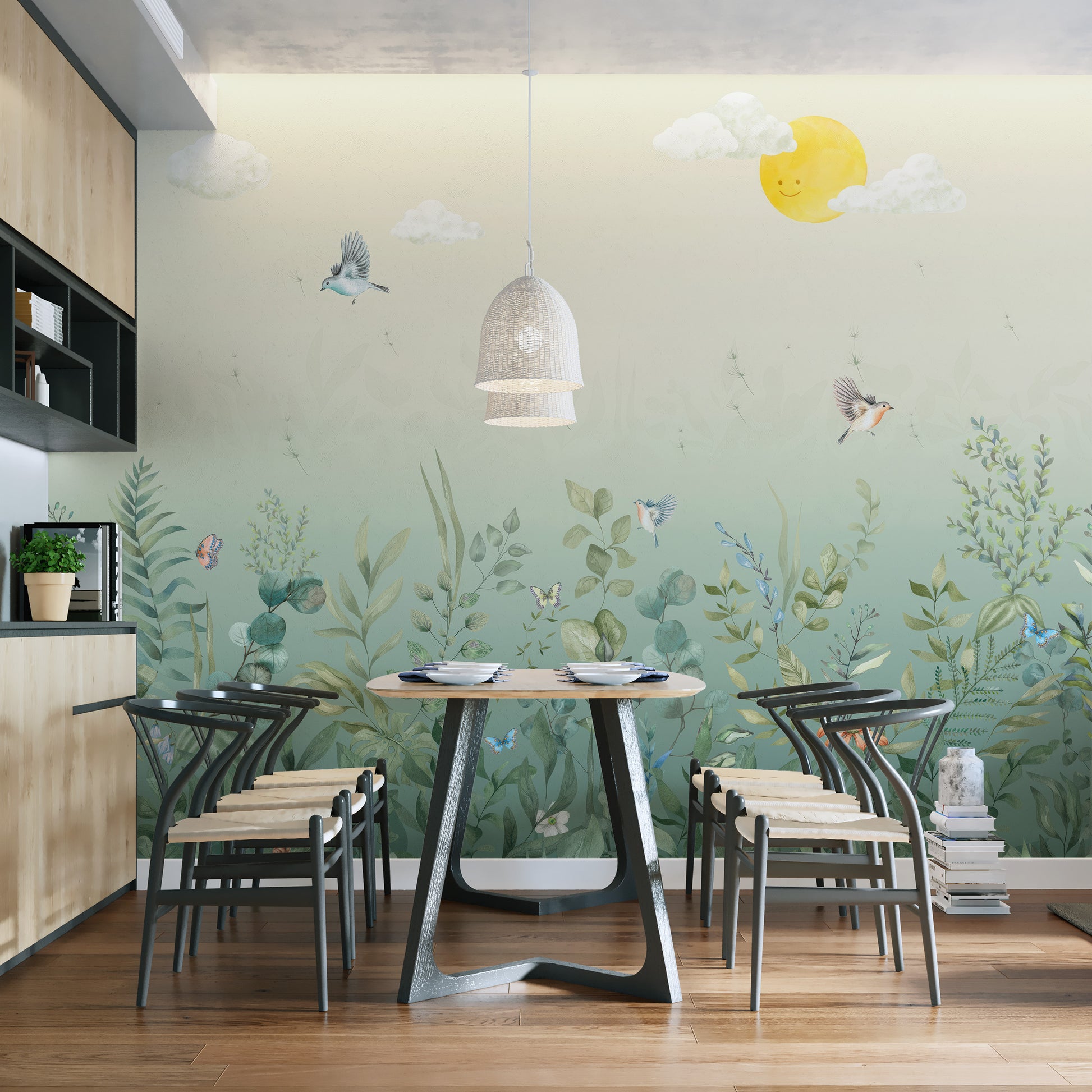 Kitchen room with a colorful Fluttering Harmony Wall Mural using peel and stick material for a fresh and bright look.