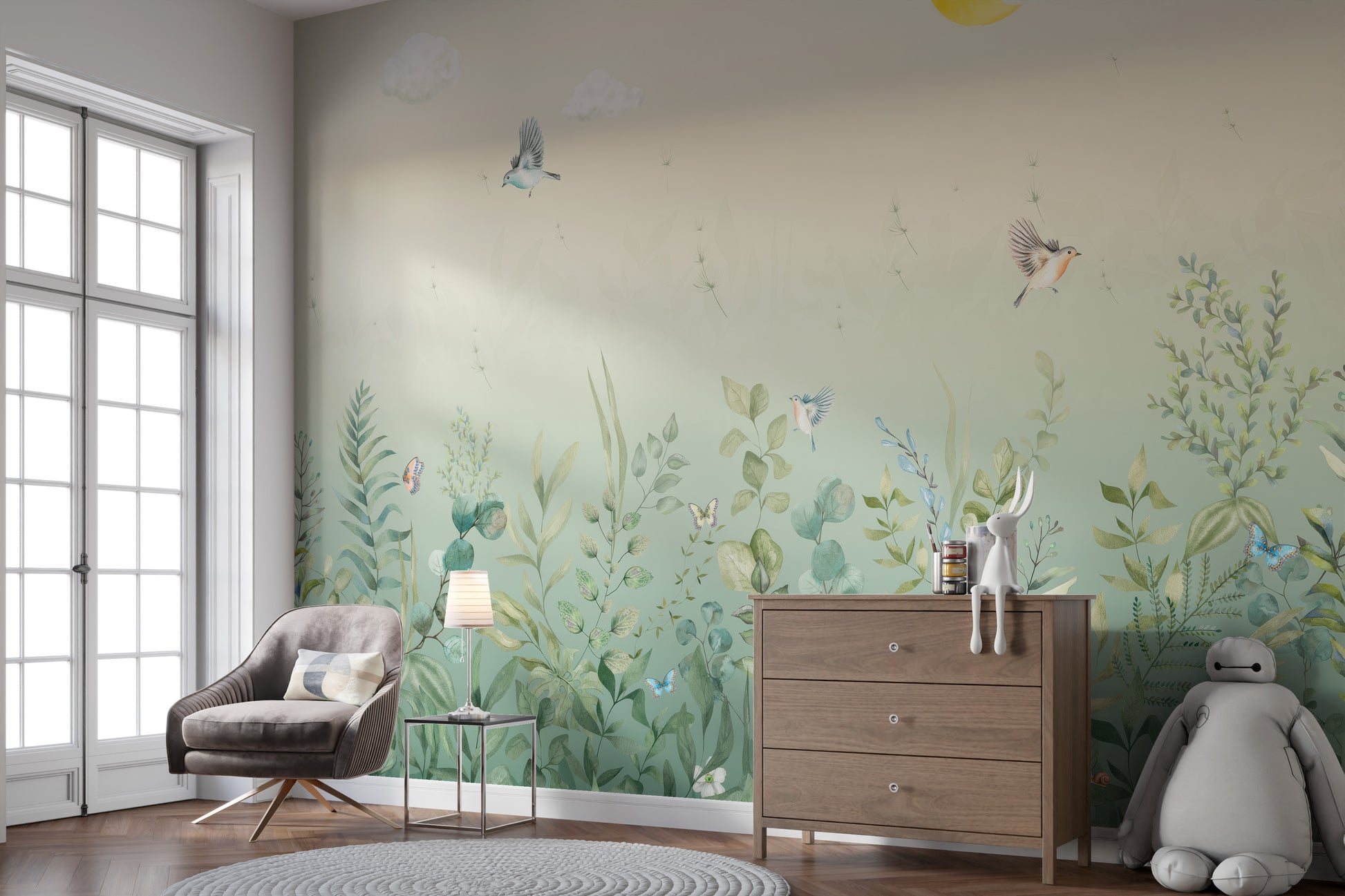 Self adhesive butterfly meadow pastel wall mural in a modern dining room featuring a long wooden table and chairs.