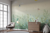 Self adhesive butterfly meadow pastel wall mural in a modern dining room featuring a long wooden table and chairs.