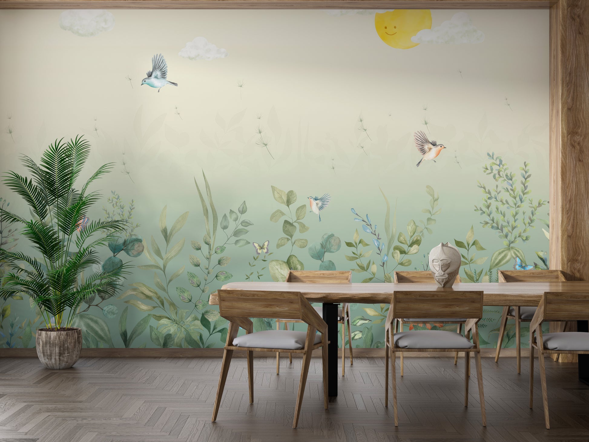 Self adhesive Fluttering Harmony Wall Mural behind a green sofa in a living room for a bold and colorful statement.