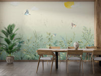 Self adhesive Fluttering Harmony Wall Mural behind a green sofa in a living room for a bold and colorful statement.