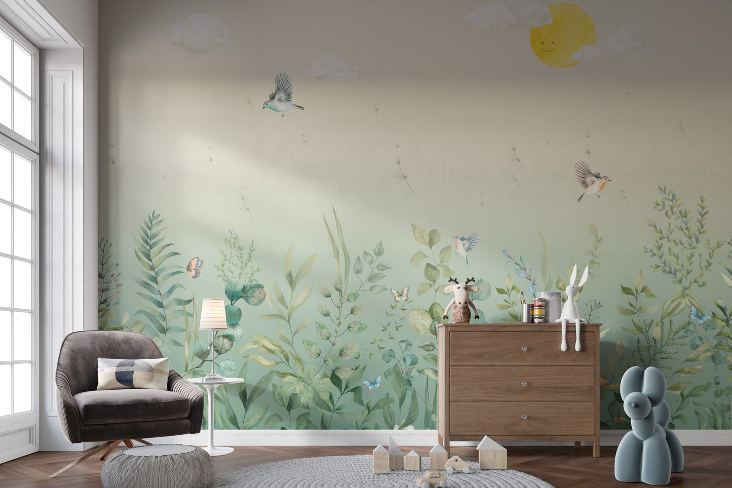 Removable butterfly meadow pastel wall mural in a bedroom with a wooden dresser, grey chair, and large window.