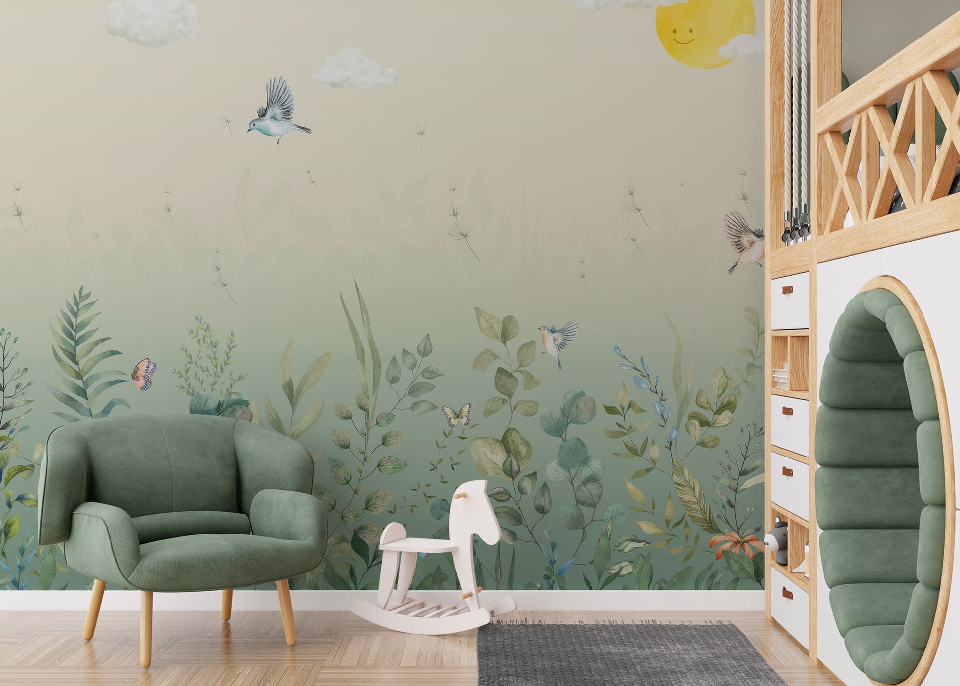 Whimsical Meadow Friends Wall Mural in a playroom with a green armchair using peel and stick material.