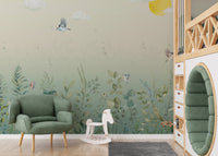 Whimsical Meadow Friends Wall Mural in a playroom with a green armchair using peel and stick material.