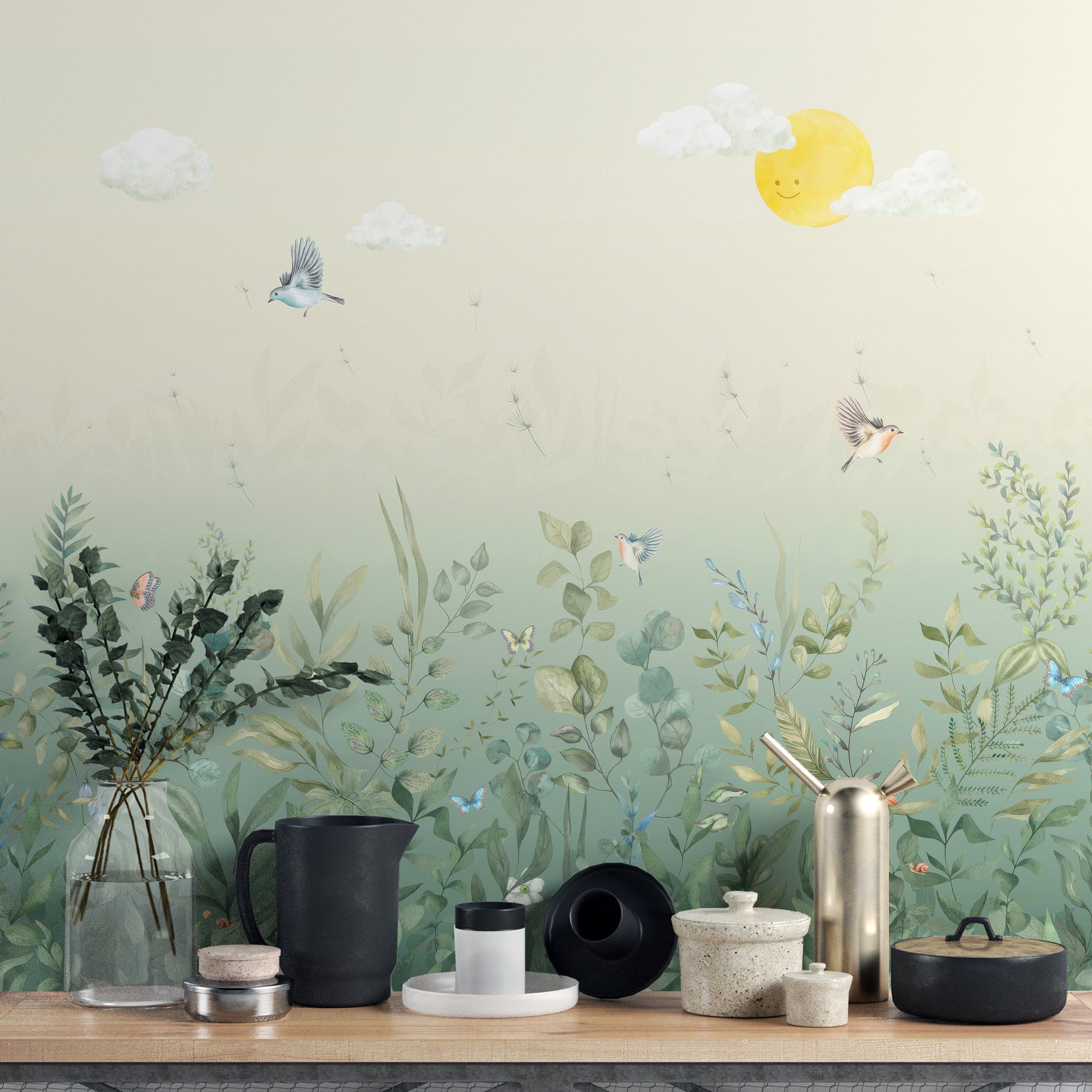 Removable self adhesive butterfly meadow pastel wall mural in a kitchen with a wooden counter and black accessories.