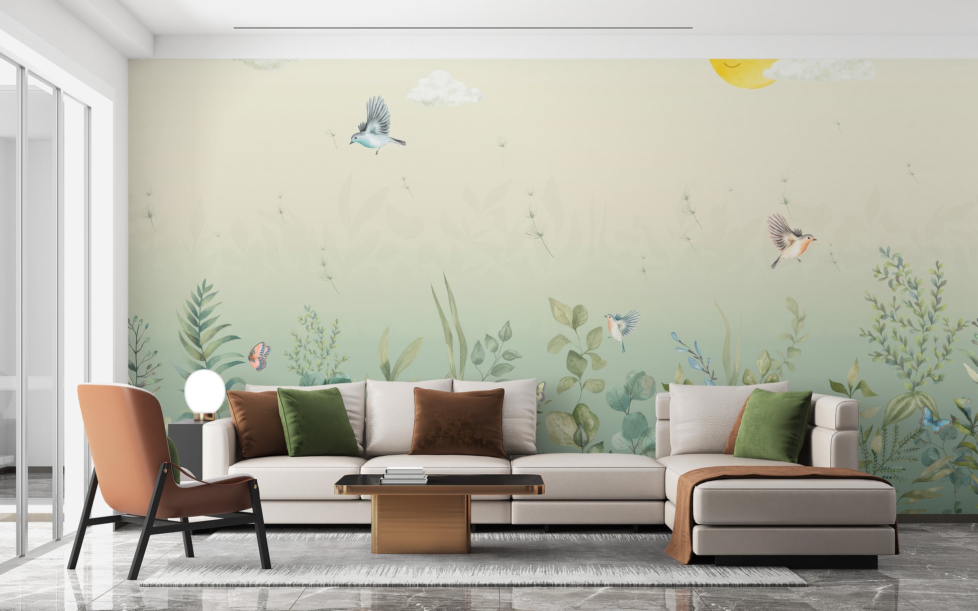 Master bedroom with premium canvas Fluttering Harmony Wall Mural and a wooden side table for a high-end luxury feel.