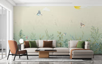 Master bedroom with premium canvas Fluttering Harmony Wall Mural and a wooden side table for a high-end luxury feel.
