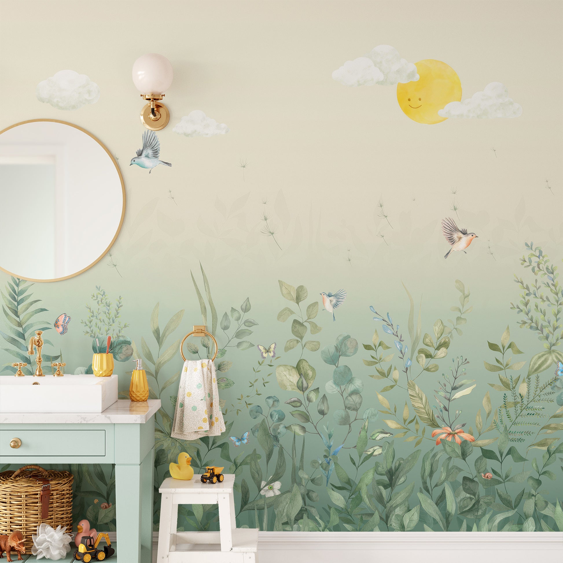 Standard butterfly meadow pastel wall mural in a bright bathroom featuring a green vanity and round mirror.