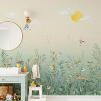 Standard butterfly meadow pastel wall mural in a bright bathroom featuring a green vanity and round mirror.