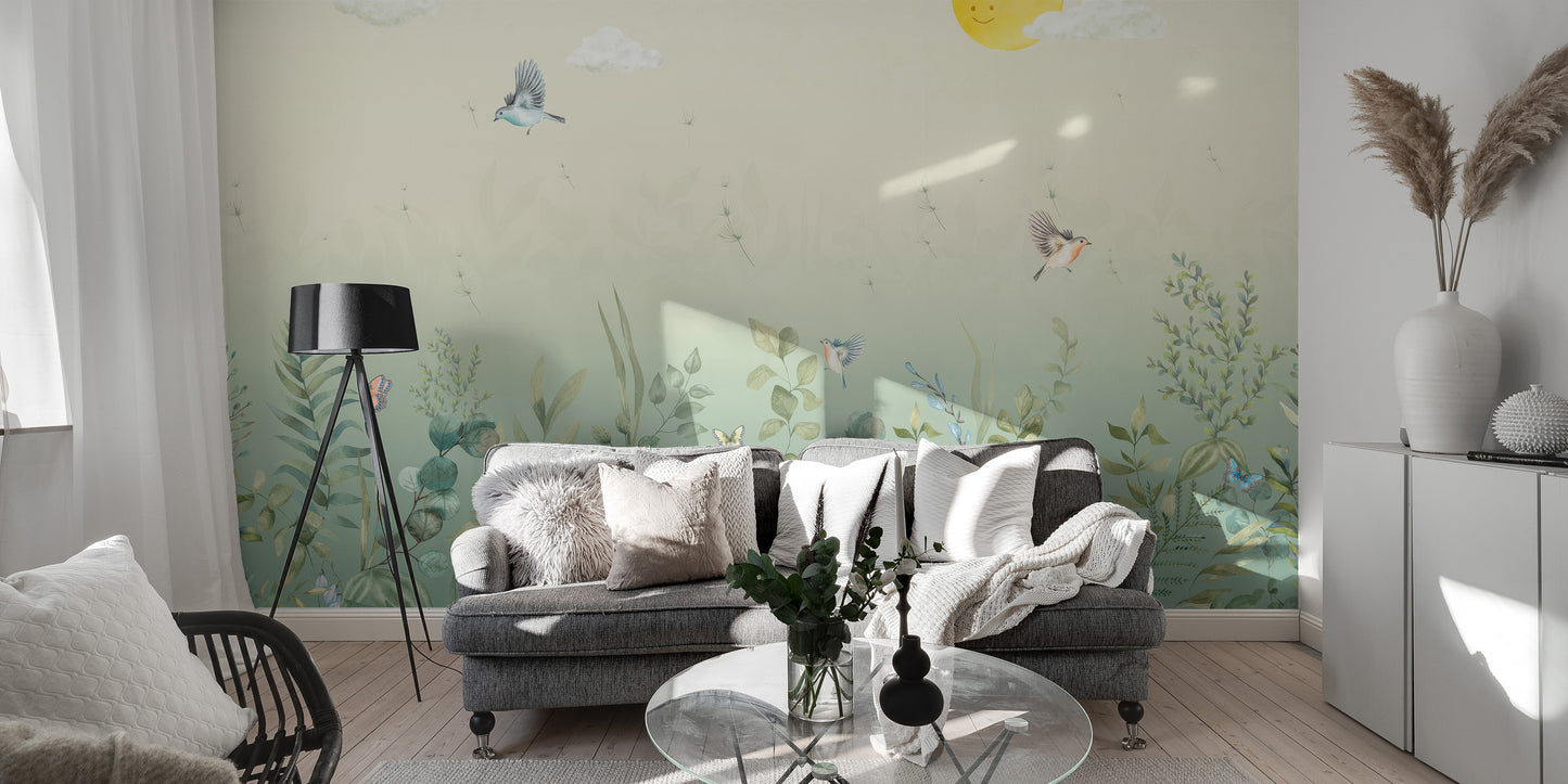 Premium butterfly meadow pastel wall mural in a modern lounge area behind a sleek grey sofa and minimalist decor.