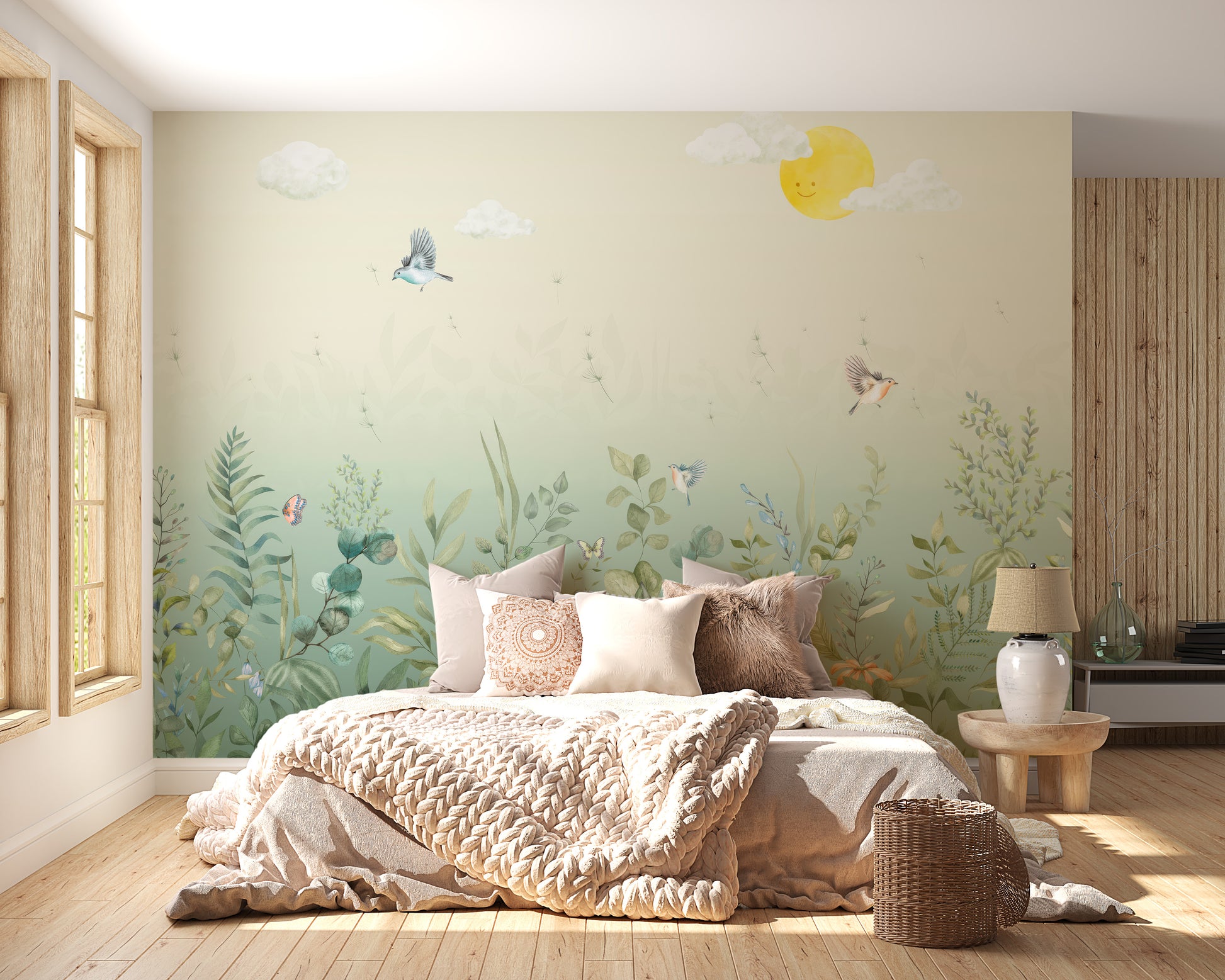 Butterfly meadow pastel wall mural on canvas material in a cozy bedroom featuring a brown throw and white pillows.
