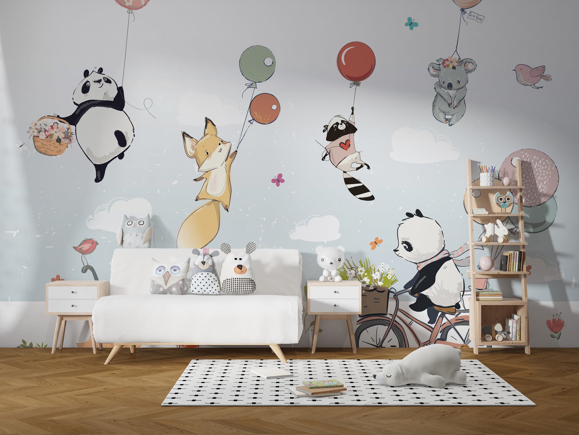 Flying Animals with Balloons mural behind a white daybed with stuffed toys in a kids room