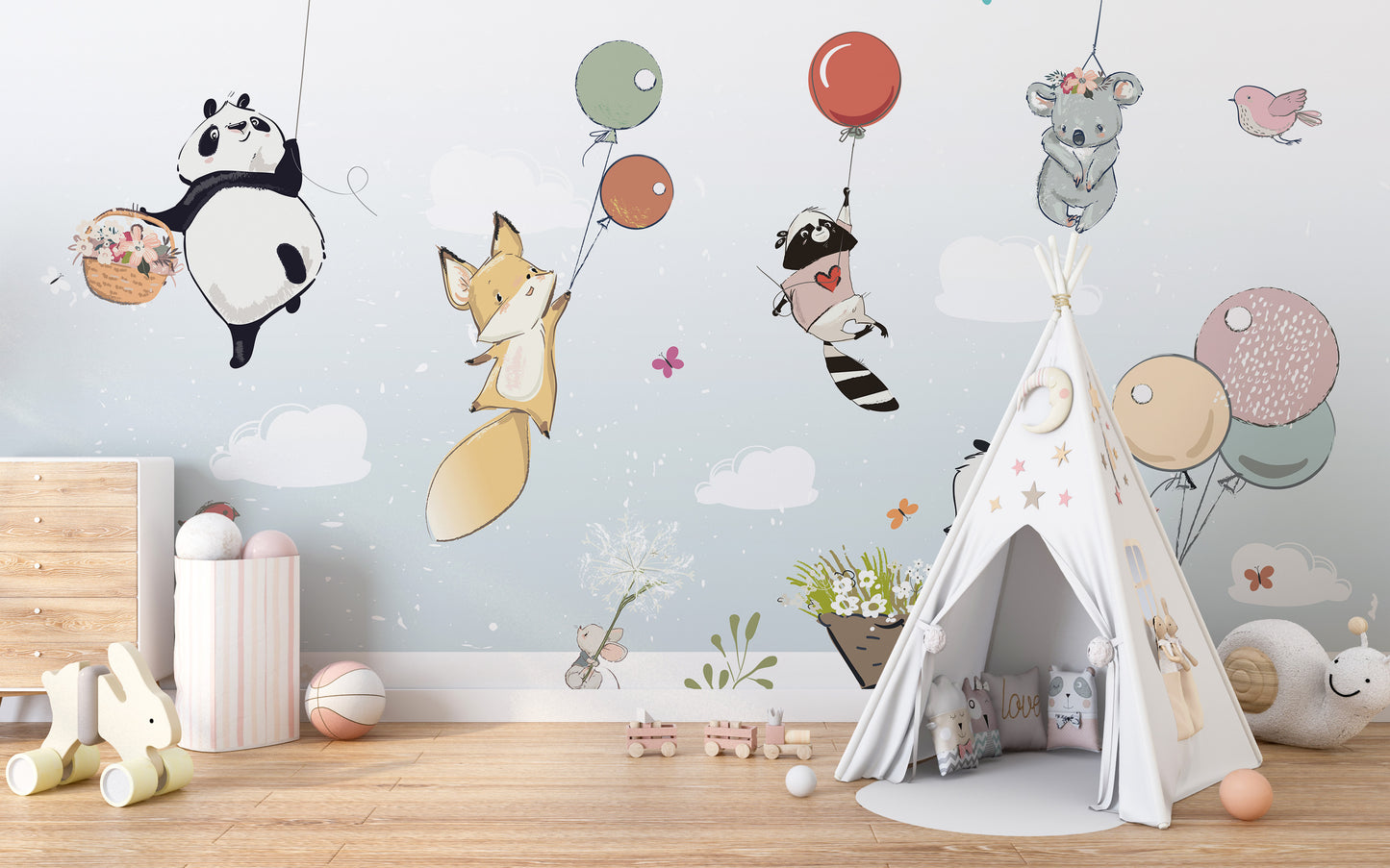 Flying Animals with Balloons mural with panda, fox and koala behind a white teepee in a kids room