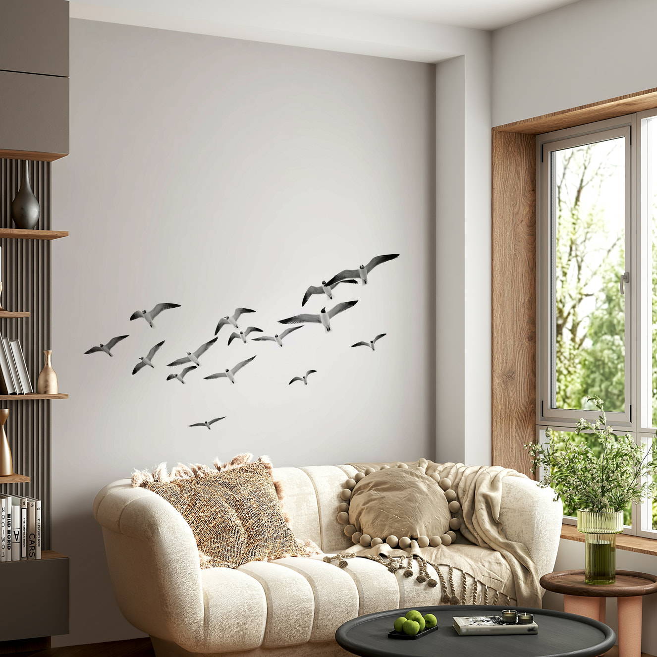 Vertical mural design with birds soaring across a peaceful sky.

