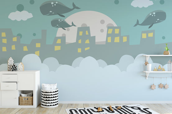 Flying Whale on City wallpaper mural shown as a full feature wall that highlights the design