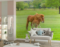Feature wall mural with foal and wildflowers, modern rustic nursery