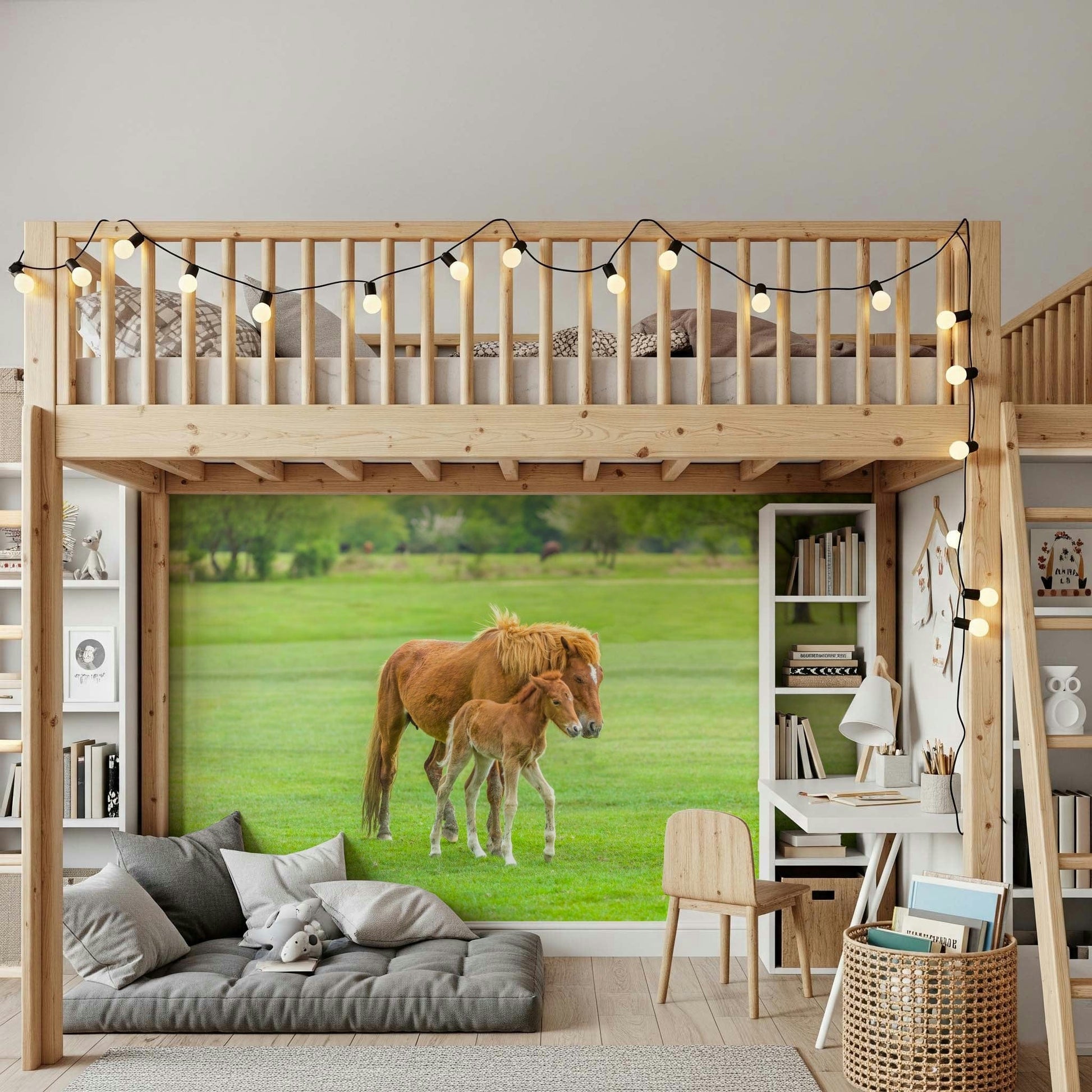 Kids bedroom wall mural with foal first steps, gentle modern wall decor