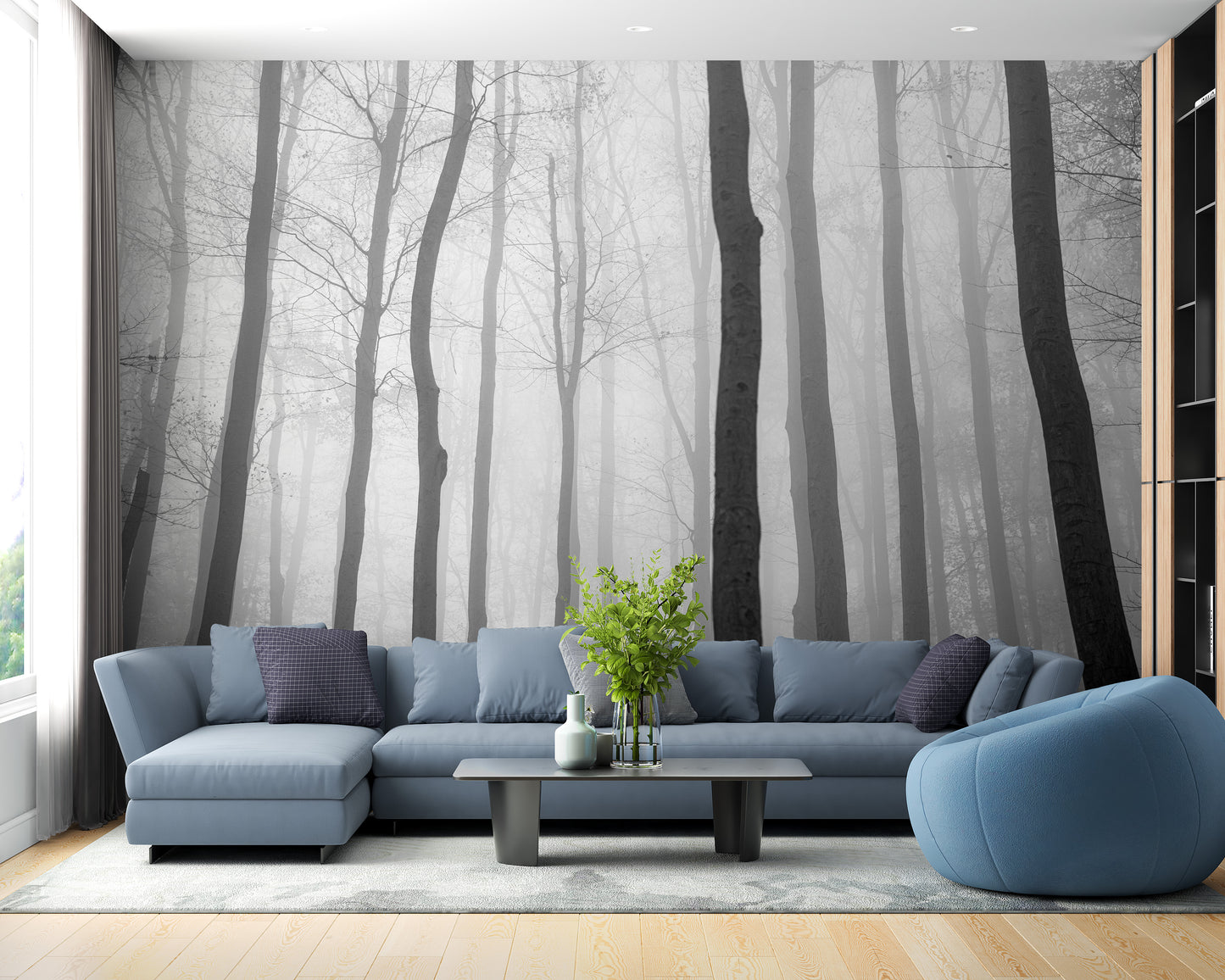 Foggy Day Halloween Jungle View wallpaper mural styled along a hallway feature wall near a console in white tones