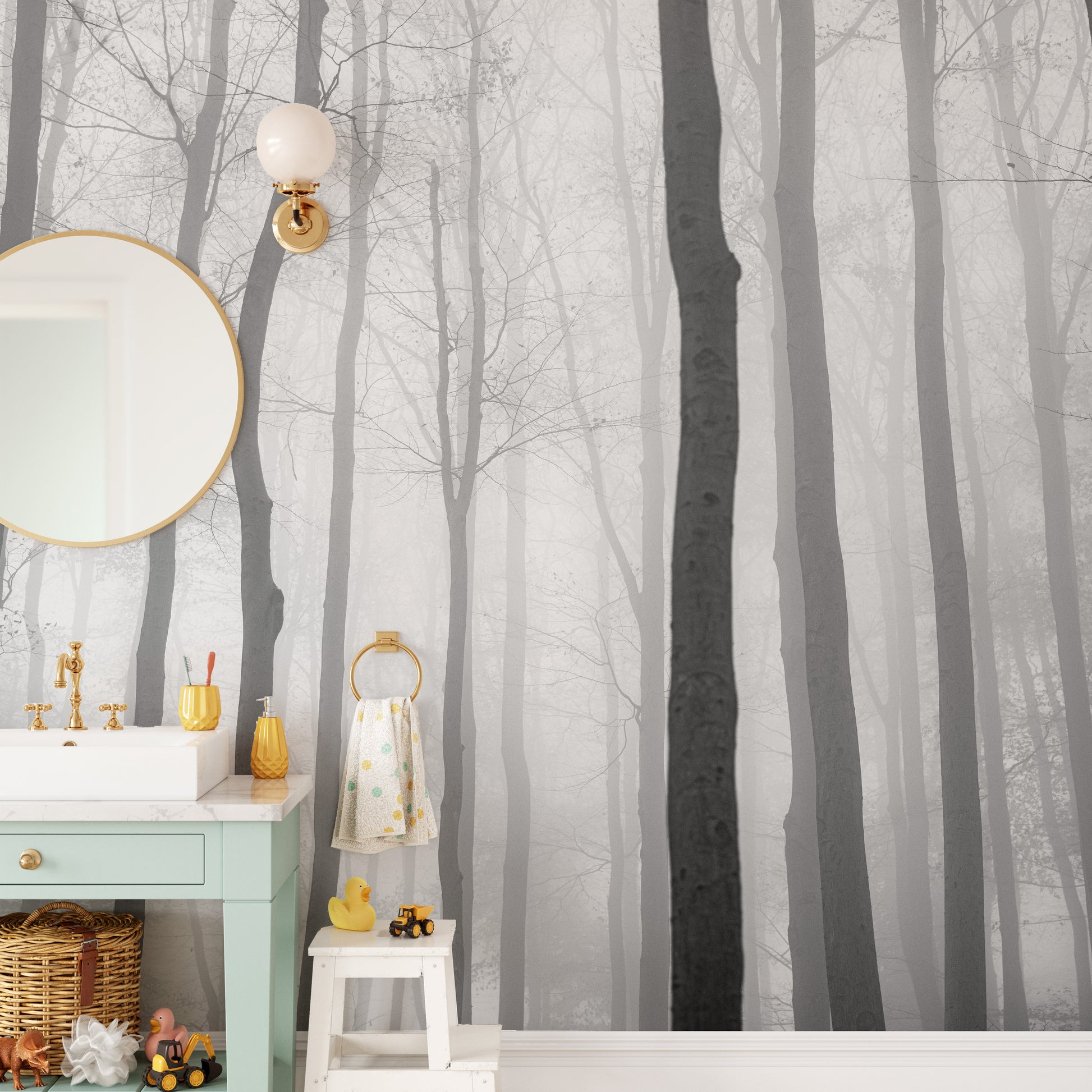 Foggy Day Halloween Jungle View wallpaper mural as a feature wall in a home office workspace in white tones