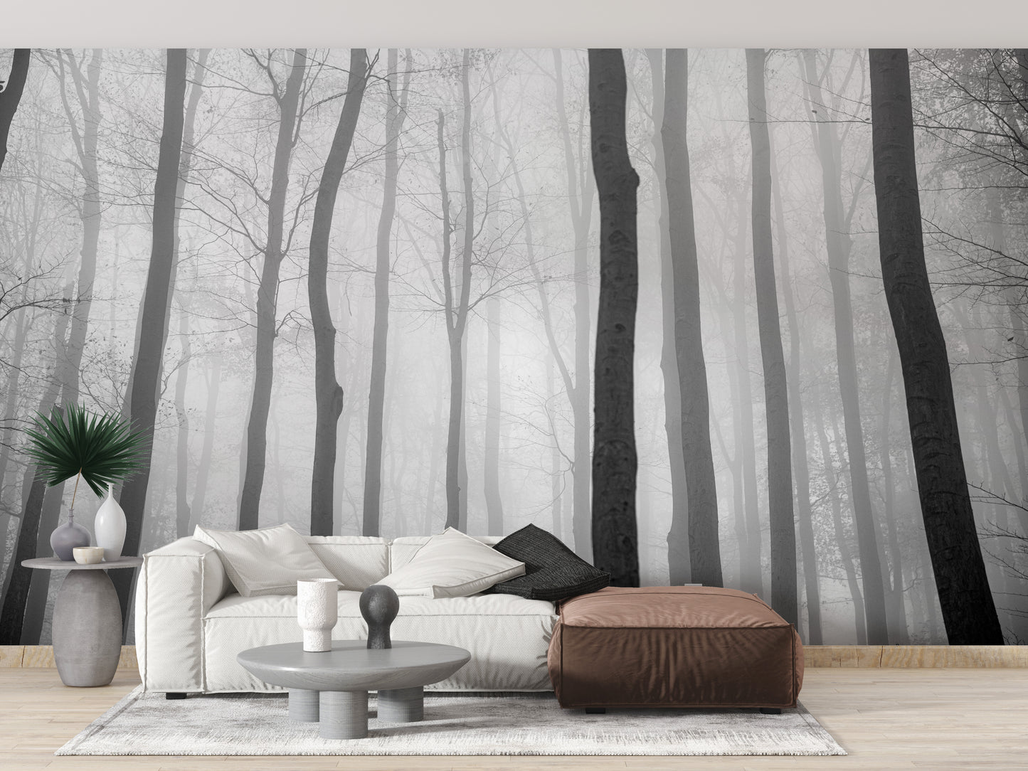 Foggy Day Halloween Jungle View wallpaper mural styled as a feature wall behind a dining table and chairs in white tones
