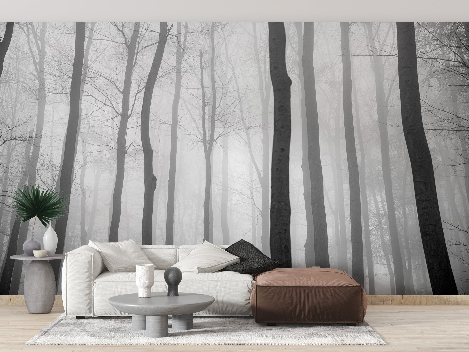 Foggy Day Halloween Jungle View wallpaper mural styled as a feature wall behind a dining table and chairs in white tones