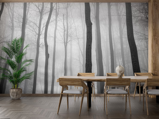 Foggy Day Halloween Jungle View wallpaper mural shown as a full feature wall that highlights the design