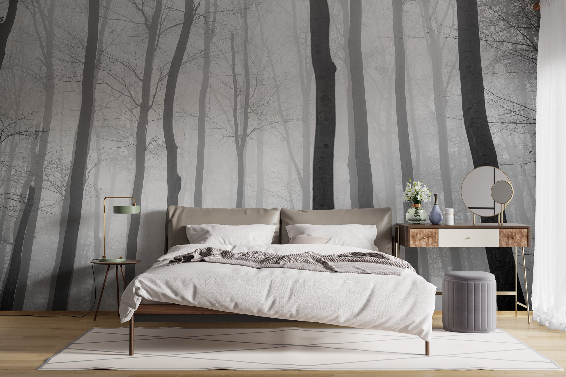 Foggy Day Halloween Jungle View wallpaper mural styled as a living room feature wall behind a sofa and seating in white tones