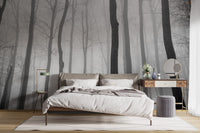 Foggy Day Halloween Jungle View wallpaper mural styled as a living room feature wall behind a sofa and seating in white tones