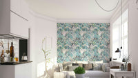 Foggy Floral Wallpaper in a modern apartment living room with gray sofa.