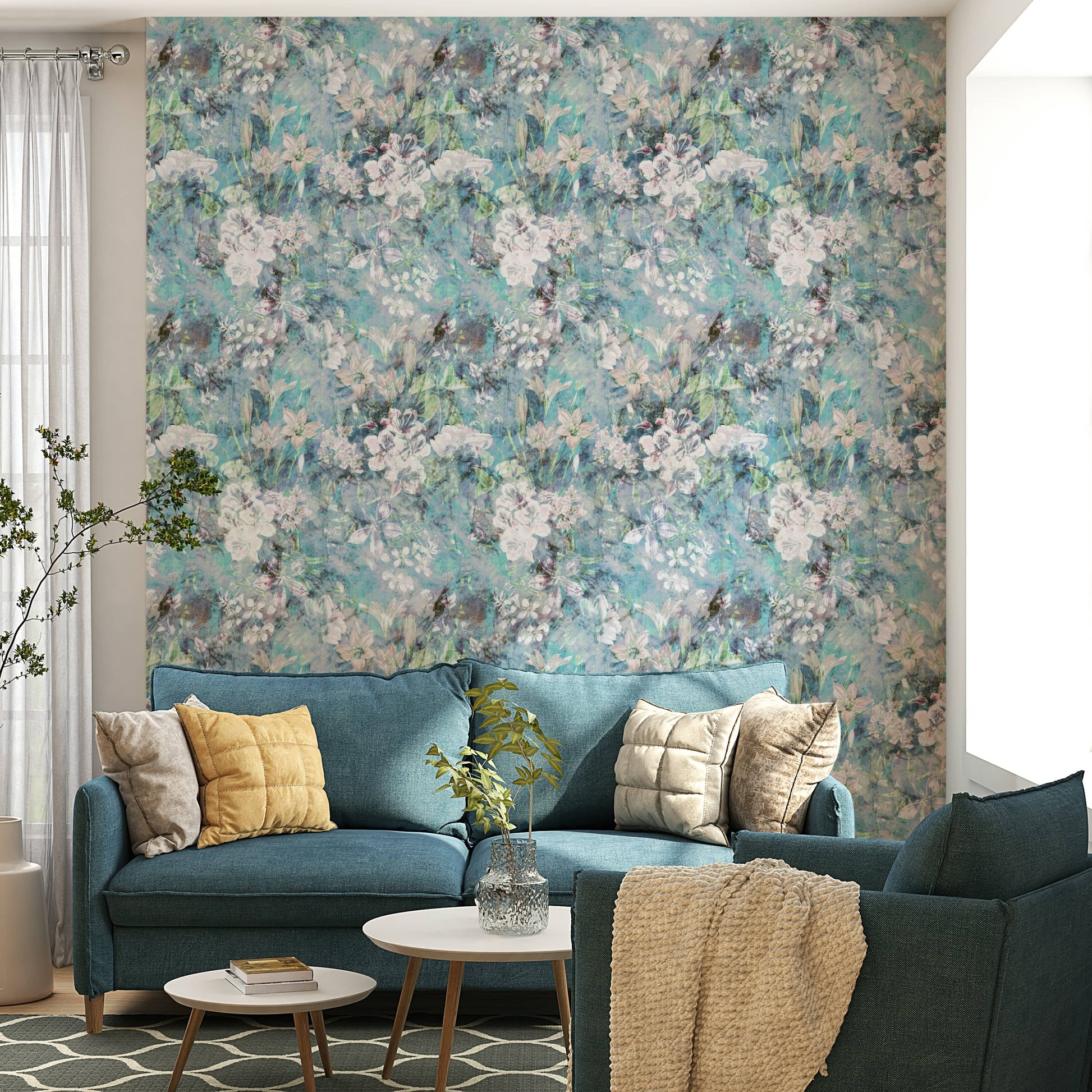 Foggy Floral Wallpaper used as a feature wall in a minimalist dining area.