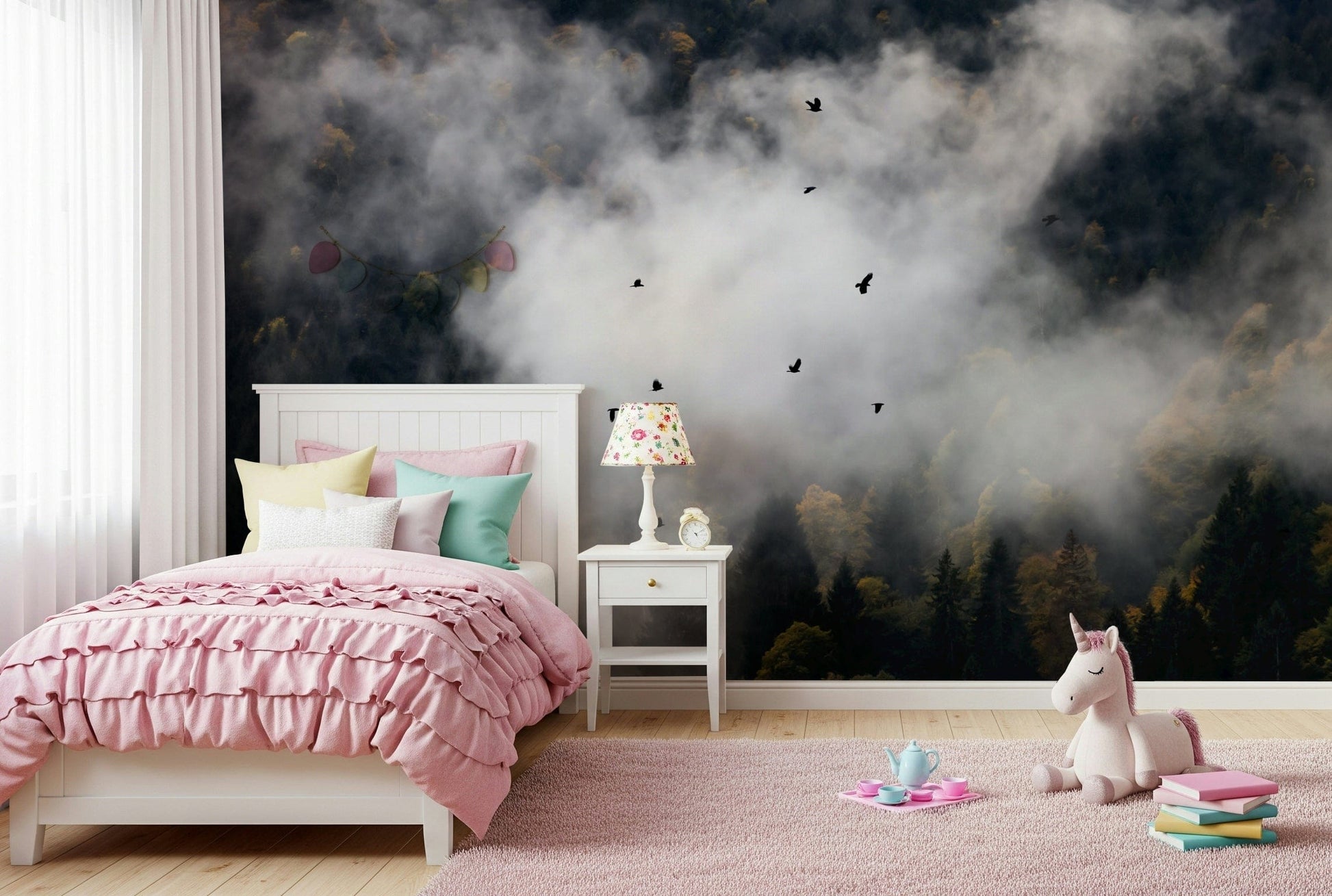 Atmospheric forest, many small birds, smoky white cloud, custom wallpaper.