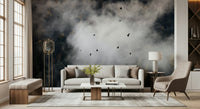 Forest wallpaper for walls, ethereal fog, birds soaring, spooky ambiance.