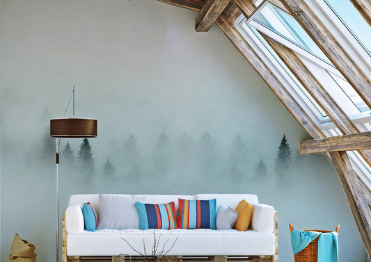Elegant wallpaper mural featuring a dense foggy forest scene.
