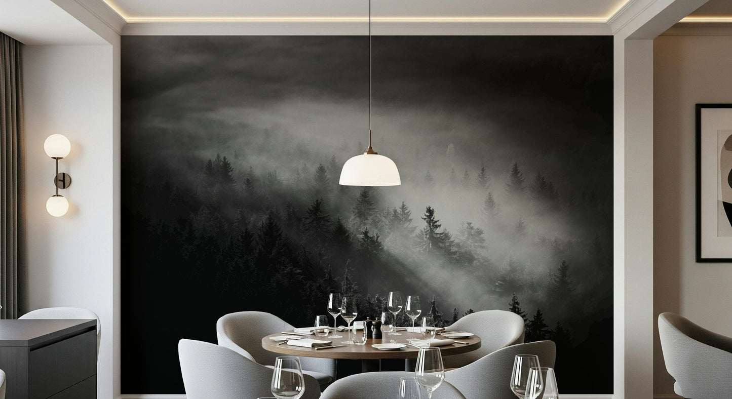 Foggy Forest Woodland decor, dramatic contrast, mystical wall accent.