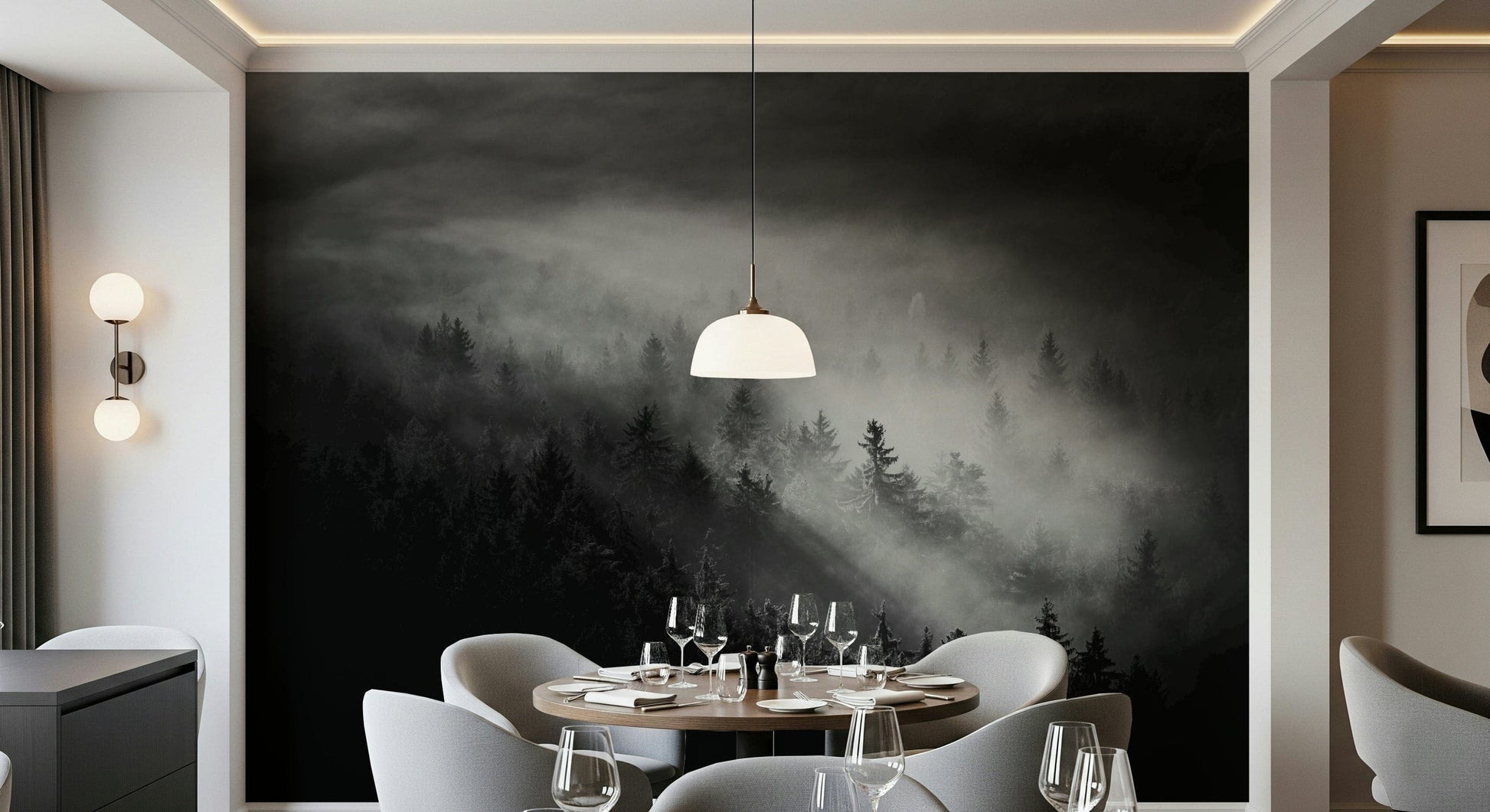 Foggy Forest Woodland decor, dramatic contrast, mystical wall accent.