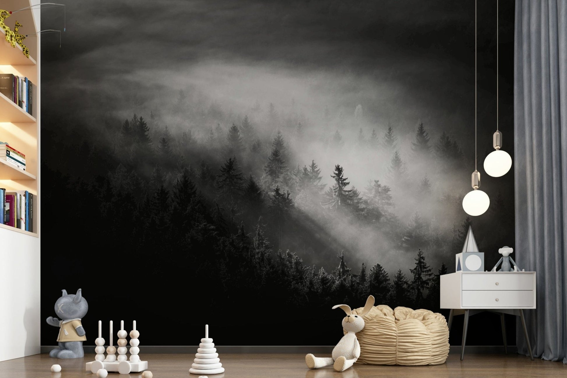 Foggy Forest Woodland wallpaper, moody black and white light rays.