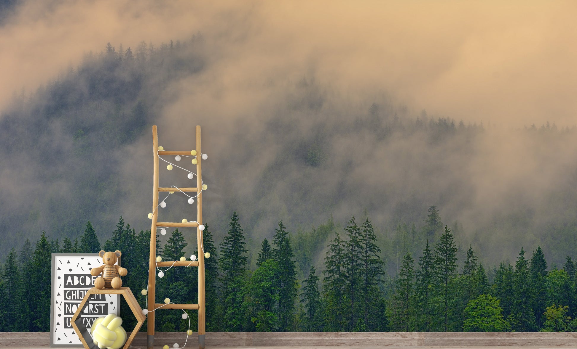 Tranquil wallpaper with foggy pine trees for soothing interiors.

