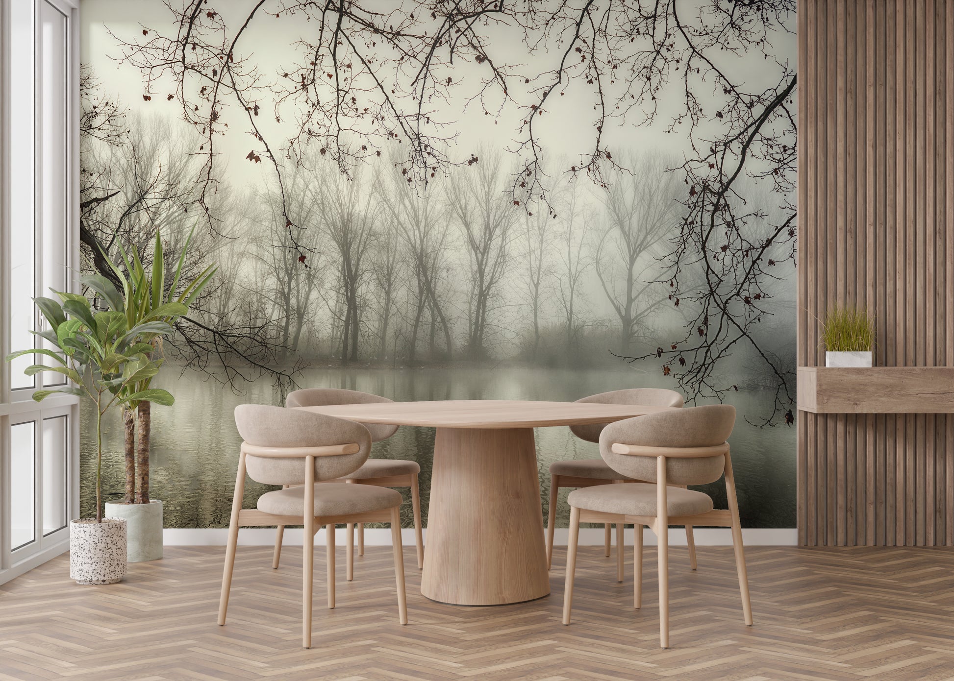 Foggy Spooky Woodland Forest With River wallpaper mural styled along a hallway feature wall near a console