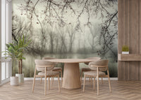 Foggy Spooky Woodland Forest With River wallpaper mural styled along a hallway feature wall near a console