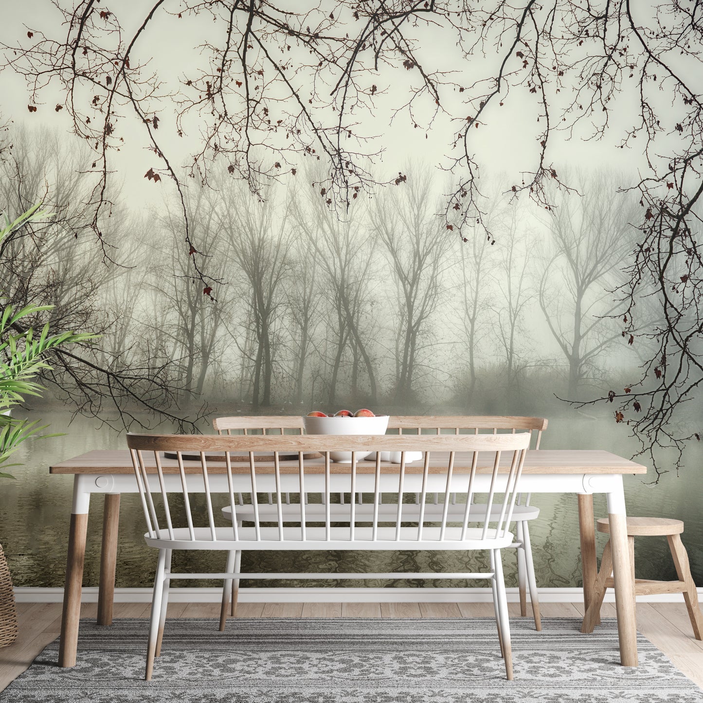 Foggy Spooky Woodland Forest With River wallpaper mural as a feature wall in a home office workspace