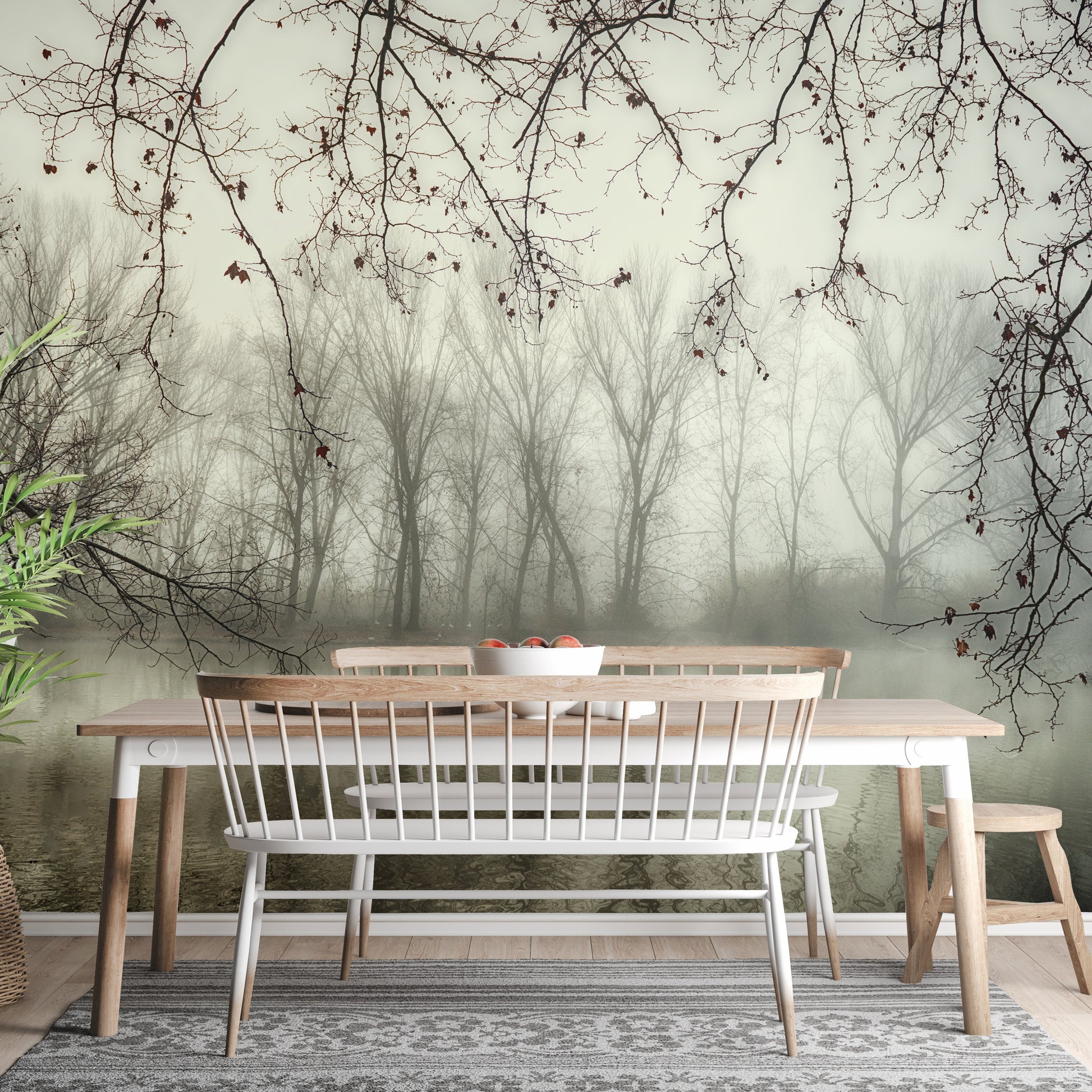 Foggy Spooky Woodland Forest With River wallpaper mural as a feature wall in a home office workspace