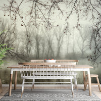 Foggy Spooky Woodland Forest With River wallpaper mural as a feature wall in a home office workspace