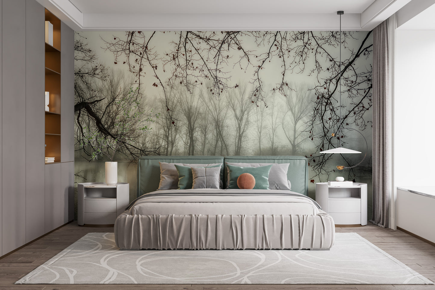 Foggy Spooky Woodland Forest With River wallpaper mural styled as a feature wall behind a dining table and chairs