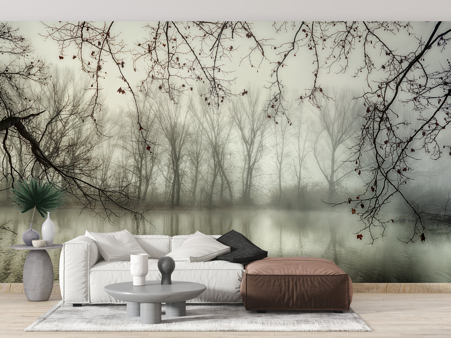 Foggy Spooky Woodland Forest With River wallpaper mural as a bedroom feature wall behind the headboard